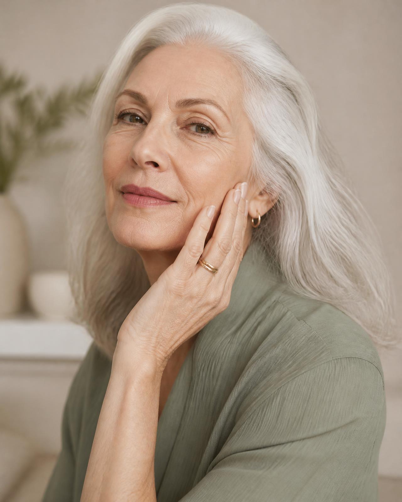 Mujer de más de 60 años cuidando su rostro con luz natural